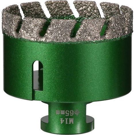 Foret diamanté à sec pour carrelage - 65 mm - Raccord fileté M14 - Scie cloche soudée sous vide - Pour maçonnerie, trou creux - Pour carrelage, marbre, granit, porcelaine, béton et pierre de (1/4)