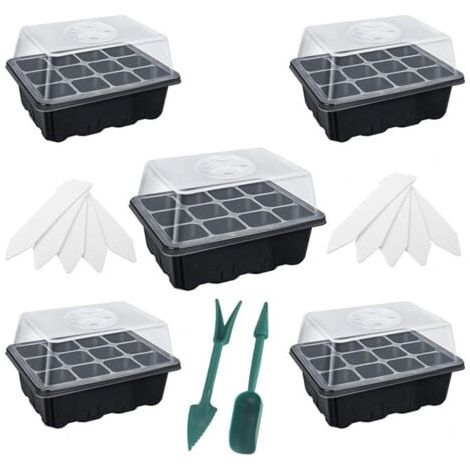 5 Pack Bac à Semis Noir Mini Plateau Semence Serre Potager pour Semis 12 Trous avec Outils de Plantation et Étiquettes de Plantes (1/5)