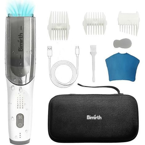 Kit de coupe de cheveux sans fil Bimirth avec aspirateur intégré, tondeuse à cheveux étanche, batterie rechargeable intégrée et rangement.