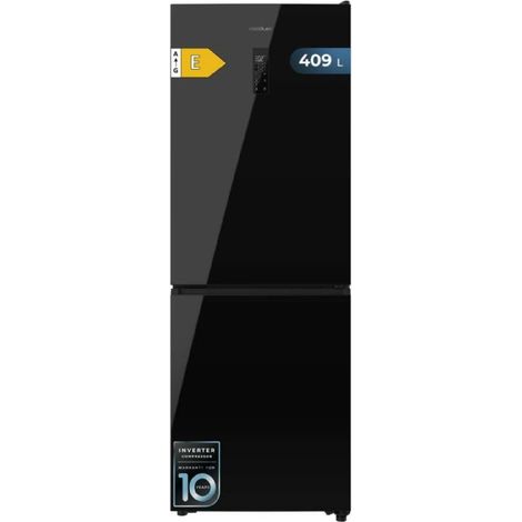 Réfrigérateur Combiné Cecotec 409L Total No Frost Bolero CoolMarket Combi 409 Black Glass E. Hauteur 185cm, MAX INSIDE avec VIP