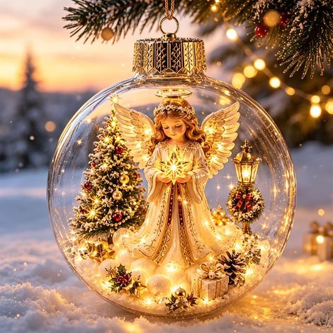 Décoration de Noël Lumineuse LED, Boule Suspendue avec Motif Scène Hivernale, Ornement pour Sapin Cheminée et Table(Ange) (1/5)