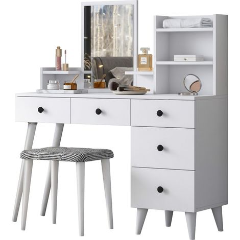 Toeletta Lusia, Mobile da Trucco Specchio Incluso, 4 Cassetti, con Piedini, 125x40x94h cm Bianco