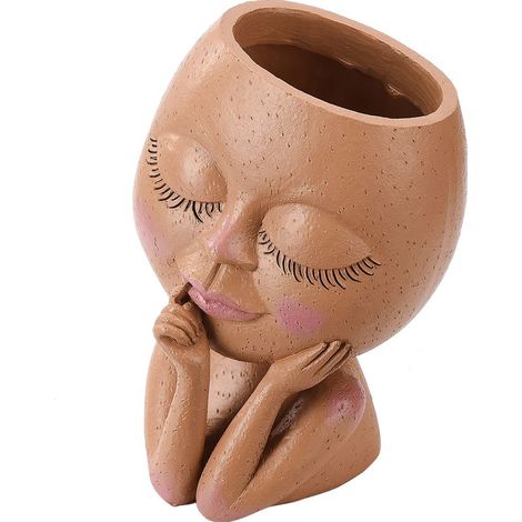 Pot de fleurs en forme de visage aux yeux fermés, en résine, avec un trou de drainage, convenant aux plantes d'intérieur et d'extérieur, noir. (1/5)