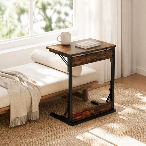 Table d'appoint en C pliante 60x37x71 cm brun rustique, pieds réglables, MDF et métal, MEUBLIV (1/5)
