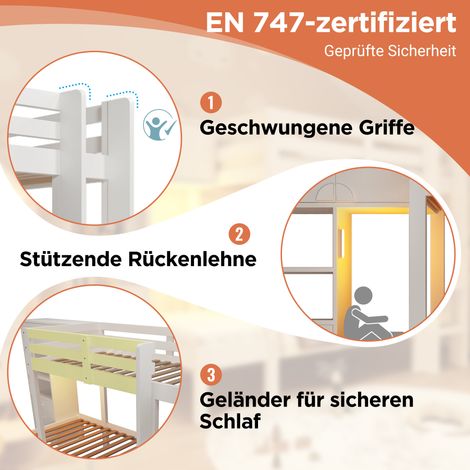 Lit superposé 90x200 cm avec éclairage LED intelligent, style original avec armoire, étagères et tiroirs, spacieux et fonctionnel, blanc, norme EN747-1:2024 (1/5)