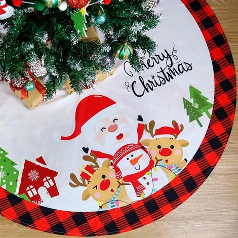 Falda para árbol de Navidad, 120 cm, estilo leñador a cuadros rojos y negros, gruesa y rústica, decorada con copos de nieve, Papá Noel y adornos. (1/5)