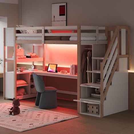 Holz-Hochbett 90x200 cm mit Schreibtisch, Kleiderschrank und Treppe - Multifunktionsbett aus Kiefernholz mit LED und Stauraum, Holzfarbe/Weiß (1/5)