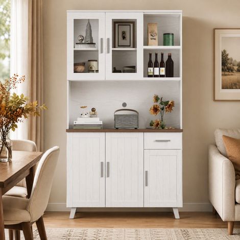 MEUBLIV Credenza alta 114x40x190 cm bianca e marrone - 5 ante, vetrina e vano contenitore (1/5)