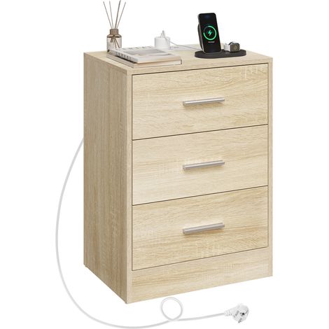 WOLTU Table de Chevet avec Station de Charge, Table d'Appoint, 2 Prises AC, 1 Port USB, 3 Tiroirs, 39x28,5x54,5cm, Chêne Clair