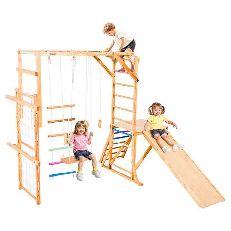 Aire de Jeux Intérieure en Bois 8-en-1, avec Balançoire, Toboggan, Barre de Singe, Anneaux de Gymnastique, Échelle en Bois/Corde, Filet et Barre d'Escalade, Structure de Jeux pour Enfants (1/3)