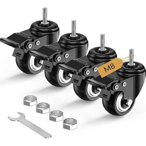 Lot de 4 roulettes pivotantes à tige de verrouillage total de 50mm, M8 x 1.25 x 25mm(diamètre de la tige 8mm, longueur de la tige 25mm) Roulettes filetées avec freins Roulettes pivotantes Noir (1/5)