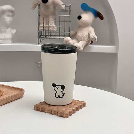 Tasse isotherme avec couvercle, en acier inoxydable givré, petite taille, motif chiot mignon, 360 ml, idéale pour le café et l'eau. (1/5)