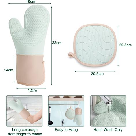 Guanti da forno, set di 4 guanti da cucina antiscivolo resistenti al calore e presine, resistenti al calore fino a 350 °C, in morbido cotone, lunghi e flessibili in silicone spesso per cucinare, verde (1/4)