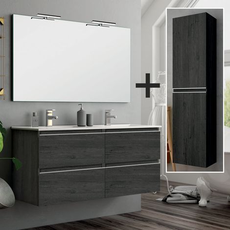 Ensemble meuble de salle de bain 120cm double vasque + colonne de rangement - ebony (bois noir) - BALEA (1/5)