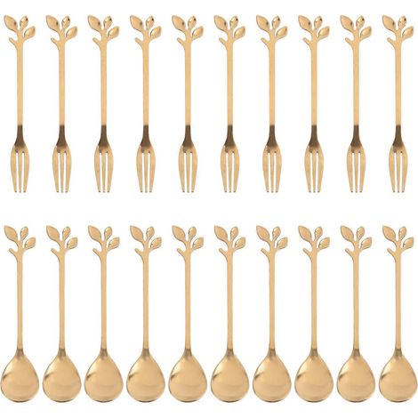 Ensemble de 20 pièces pour desserts, comprenant une fourchette à gâteau, une cuillère à café et une fourchette à fruits, en acier inoxydable de couleur dorée. (1/5)