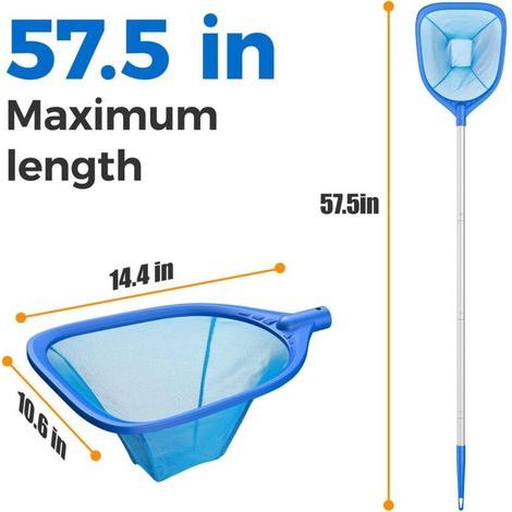Épuisette de piscine longueur totale 145 cm , râteau à feuilles avec 4 sections de manche télescopique en aluminium pour un nettoyage rapide des étangs , jacuzzis et spas (1/3)
