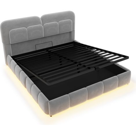 Cama tapizada 140 x 200 cm con tira LED, somier elevable hidráulico, terciopelo gris (1/5)