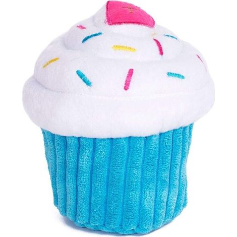 Un jouet pour chien en peluche en forme de cupcake, doté de deux mécanismes produisant des sons.