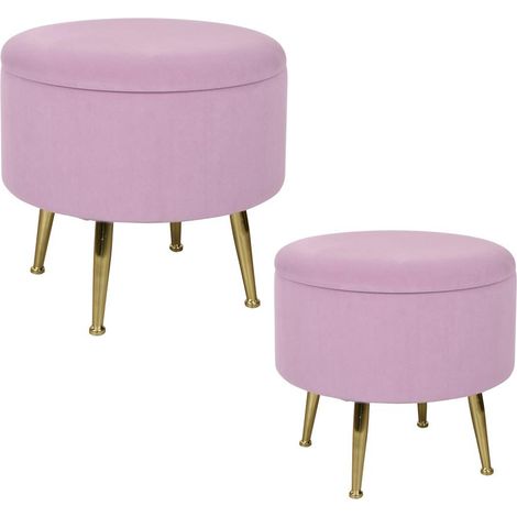 Tabouret pouf rond tissu rose pieds dorés TIM (lot de 2) (1/2)
