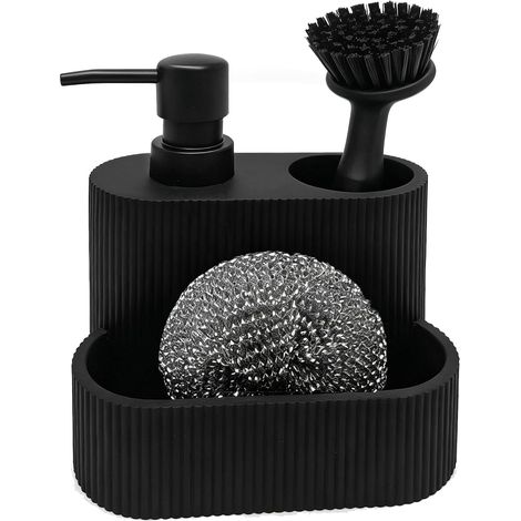 Distributeur de Savon - 1 Pièce - Résine Effet Marbre Noir - Avec Porte-éponge Intégré - Pour Organisation Évier Cuisine - 13,3x9,5x15,7 cm (1/5)