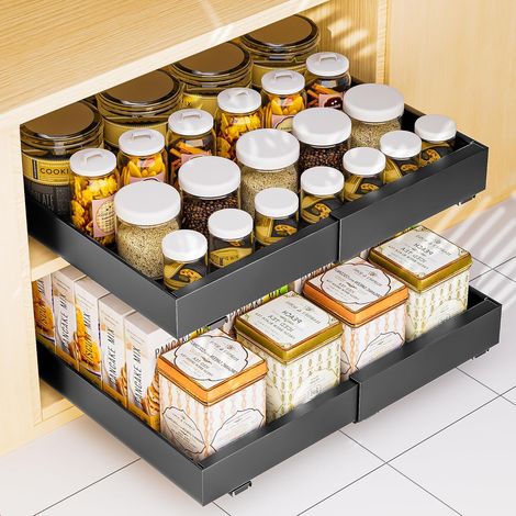 Paquet de 2 Tiroir Coulissant, Acier Au Carbone, Réglable 32-52 Cm, Organisateur Placard, Cuisine