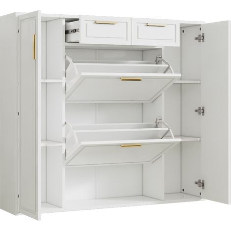 Zapatero moderno blanco con 2 puertas, 2 cajones, baldas ajustables y tiradores dorados (1/5)