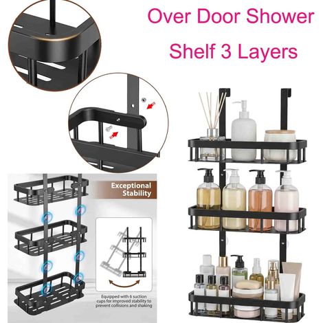 Étagère de douche à 3 niveaux à suspendre à la porte – Organisateur de salle de bain suspendu sans perçage, en acier et plastique antirouille, porte-articles de toilette pour serviettes, shampoing et (1/5)