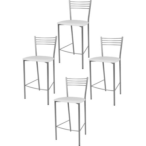 Tommychairs - Set 4 tabourets ELENA pour cuisine, bar et salle à manger, robuste structure en acier peindré en couleur aluminium et assise rembourrée et revêtue en cuir artificiel couleur blanc (1/5)