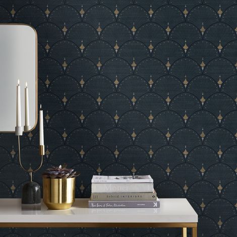 Papier peint intissé Art Déco Médaillons – 1005 x 52cm – Résistant à la lumière – Application facile sans table à tapisser – Effets métalliques – WOW (1/5)