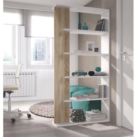 Dmora Librería con cinco estantes, color blanco artik con detalle color roble, Medidas 90 x 180 x 25 cm, con embalaje reforzado (1/5)