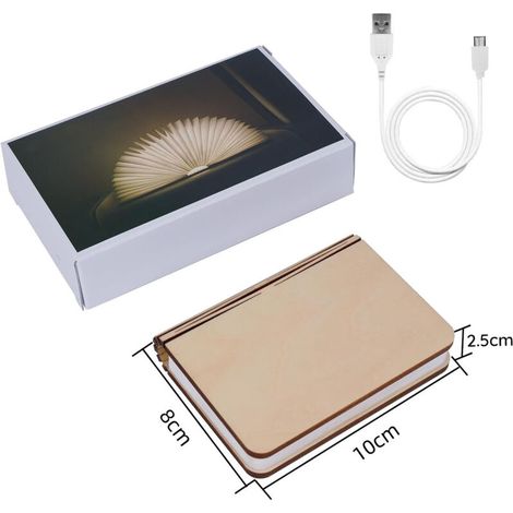 Lampe de livre LED en bois, idée cadeau de Noël, lampe de livre magnétique pliable, lampe en papier LED rechargeable par USB, lampe décorative avec batteries 2000 mAh (1/4)