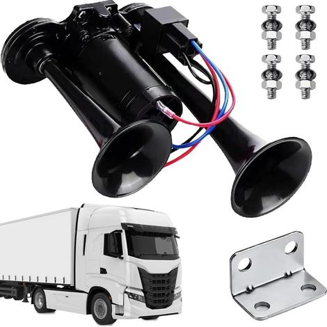 Klaxon à Air 12 V, Klaxon de Camion 12 V, Klaxon 600 dB, Kit de Klaxon à Air Double Trompette avec Compresseur, Kit Klaxon pour Tous Véhicules 12V, Camions, Trains, Bateaux, Voitures (1/5)