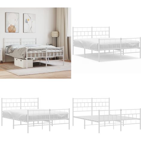Cadre de lit métal sans matelas et pied de lit blanc 160x200 cm - Cadre De Lit Metal - Lit Double - Lit Blanc - Meuble Chambre - Literie - Home & Living (1/5)