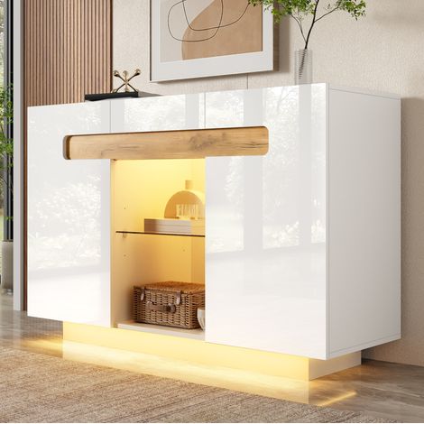 Credenza a LED 120x40x80 cm, 4 vani contenitori e ripiano a giorno, ripiani in vetro regolabili, bianca e legno naturale (1/5)