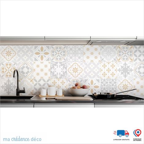 Crédence : Carreaux ciment classique gris - Couleur Beige ivoire - Alu composite - 120 - 60 (1/3)