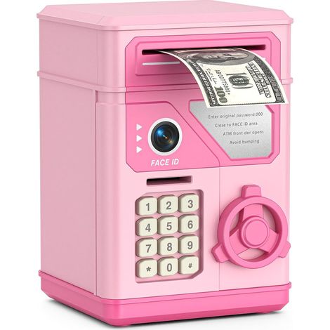 Électronique ATM Rose – Serrure à Mot de Passe Personnalisable, Rouleau Automatique de Billets et Musique Intégrée, Alimentée par 3 Piles AAA (à Acheter Séparément), Boîte à Économiser Sûre et Amusant (1/5)
