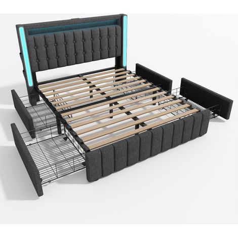 Lit capitonné 140x200 cm gris en tissu lin avec LED, charge USB-C et 4 tiroirs, HOMVRA (1/5)