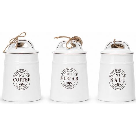 Set 3 Barattoli Ermetici Ceramica Bianco 95 cl Diametro 12 cm Altezza 17,5 cm Contenitori per Sale Zucchero Caffe con Coperchio Ermetico Salva Freschezza Design Vintage Cucina (1/5)