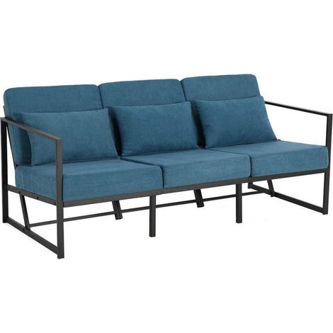 Canapé 3 places bleu rembourré avec pieds en fer et coussins de dossier (1/5)