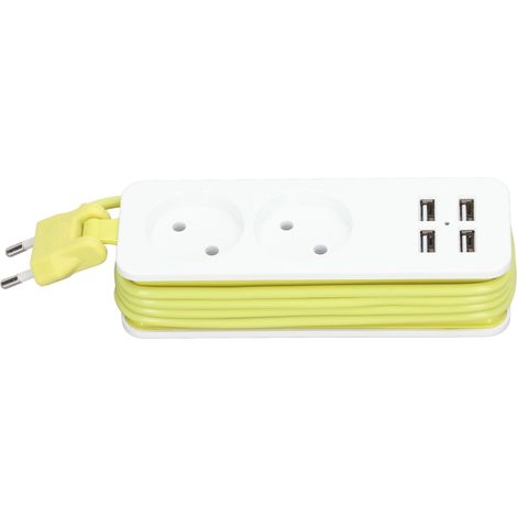 Multiprise 1200 W 10 A, 2 prises rondes, 4 ports USB, prise pour téléphone et ordinateur portable, prise européenne 250 V, blanc et vert (1/5)
