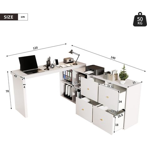Bureau d'angle N880P3123534W, table pivotante 360° - agencement en L ou rectiligne, MDF, dessus et pieds renforcés de 4 cm, 4 casiers, 4 tiroirs, blanc, meuble modulable (1/5)