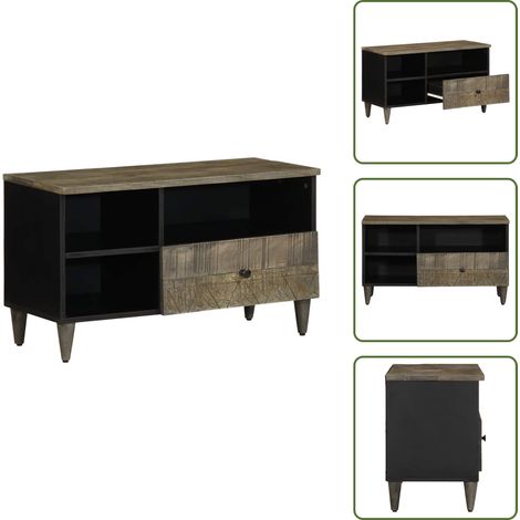Meuble TV noir 80x33x46 cm bois massif de manguier - Meuble TV - Meubles TV - Banc TV - Buffet TV (1/5)