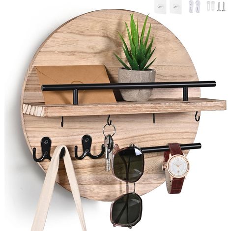 Wooden Wall Key Ring, Round Wooden Wall Key Ring Suitable for Hall, Storeroom, Hallway, Kitchen, Office (Natural Wood) (1/5)