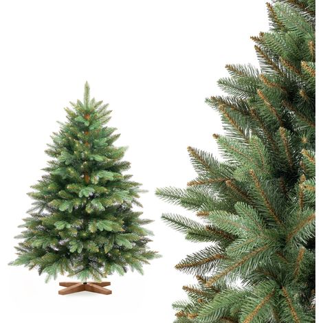 Fairytrees Künstlicher Weihnachtsbaum Nordmanntanne Premium, mit braunem Stamm und Echtholz Baumständer