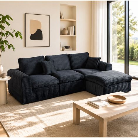 Modulares Sofa mit 3 Elementen, Eck-, Gerade- oder Gästebettfunktion, Schaumstoff und Federn, Schwarz und Blau (1/5)