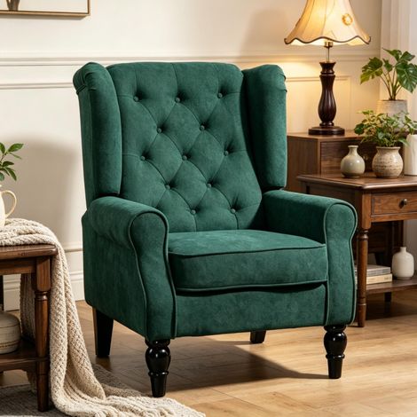Butaca de orejas 74x86x102 cm tela verde, madera, estilo clásico - CHICFURN (1/5)