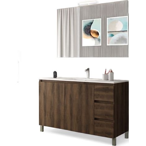 Mobile da Bagno a Terra con Lavabo 100 cm e Specchio Bali Light 2+3 Noce Scuro (1/2)