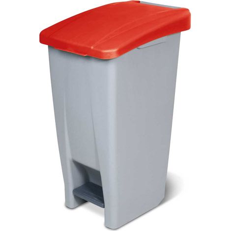 BRB Poubelle à pédale avec roulettes, capacité 60 litres, HxLxP 700 x 380 x 490 mm, gris corpus, couvercle rouge (1/3)