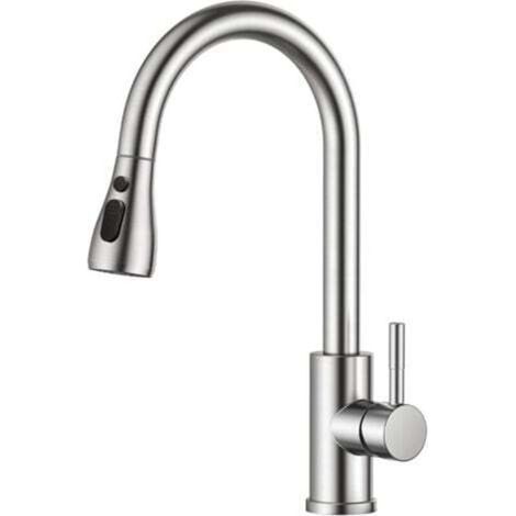 Robinet Cuisine, Mitigeur Cuisine, Pivotant à 360° d'Évier à Arc Élevé Pulvérisateur Escamotable 3 Modes, Acier Inoxydable