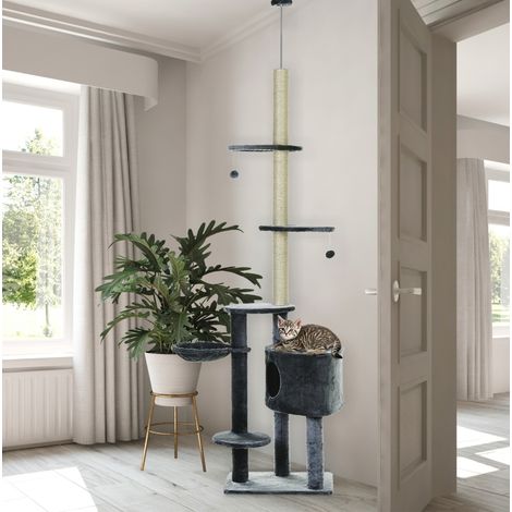 CHICFURN Árbol para gatos de techo 220-265 cm gris oscuro con hamaca, cueva y plataformas (1/5)
